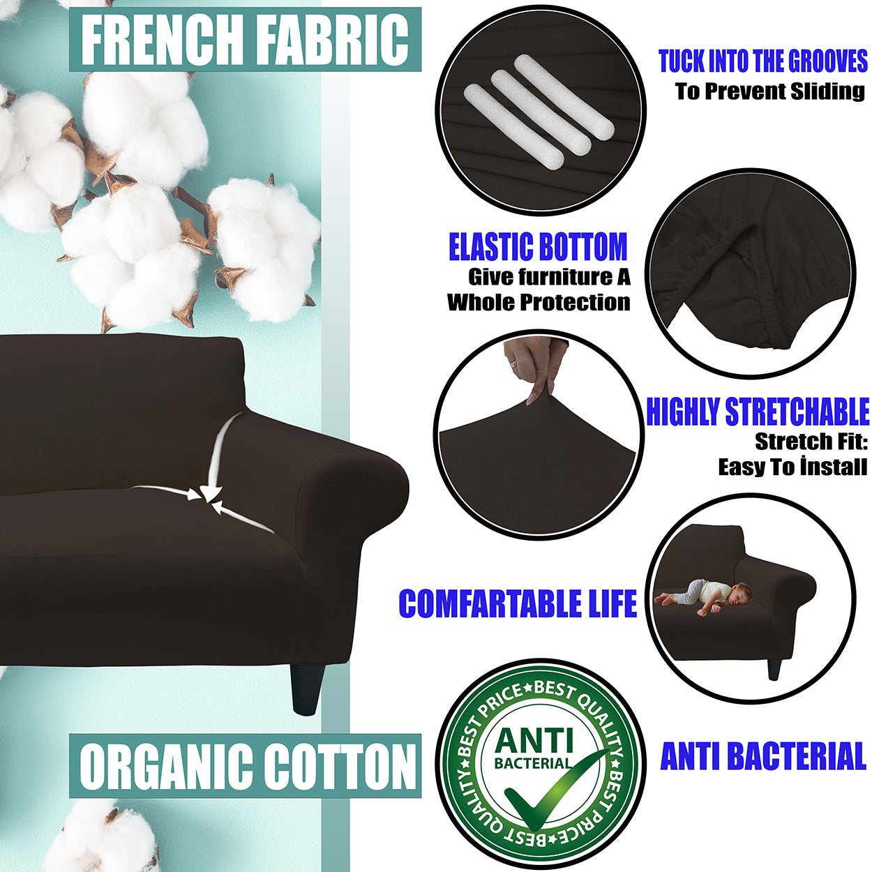 Our Cotton Fabric Sofa Cover Brown Color 3+2+1+1