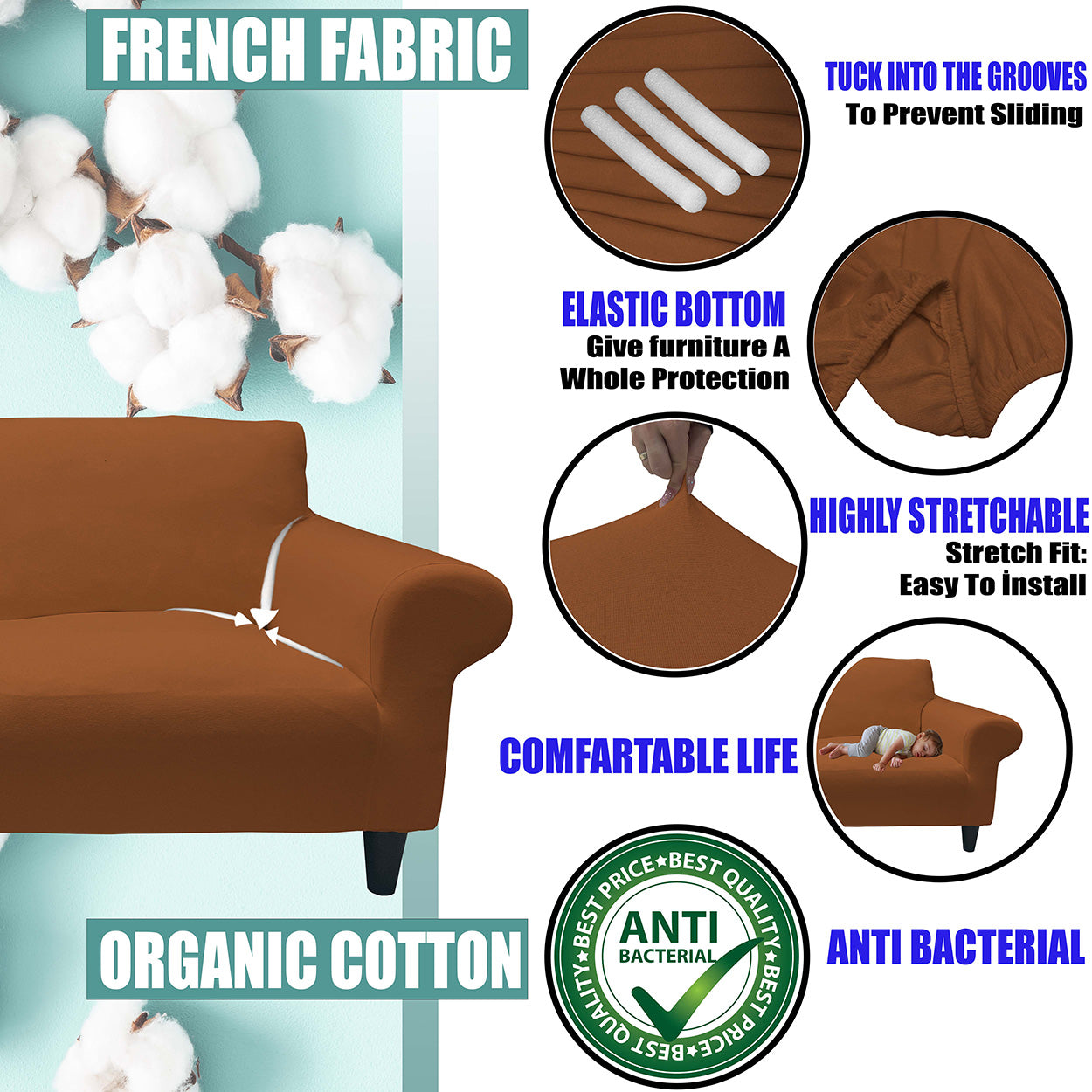 Our Cotton Fabric Sofa Cover Brick Color 3+2+1+1