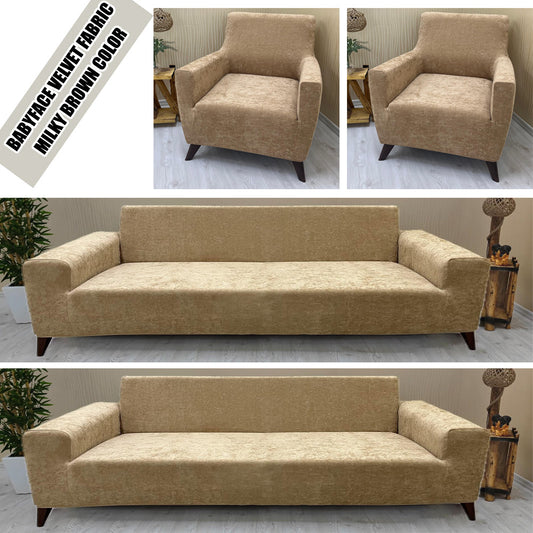 Our BabyFace Velvet Fabric Sofa Cover Milky Brown Color 3+3+1+1