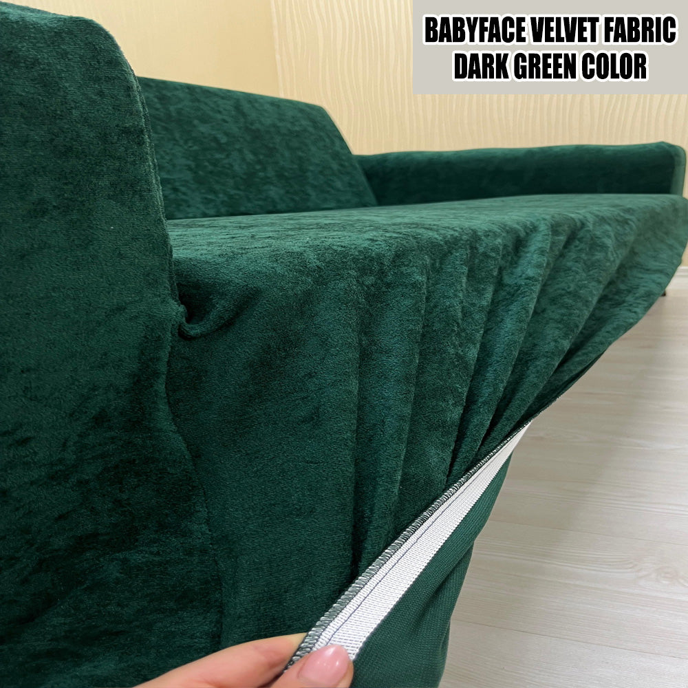 Our BabyFace Velvet Fabric Sofa Cover Dark Green Color 3+3+1+1