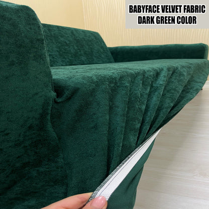 Our BabyFace Velvet Fabric Sofa Cover Dark Green Color 3+3+1+1